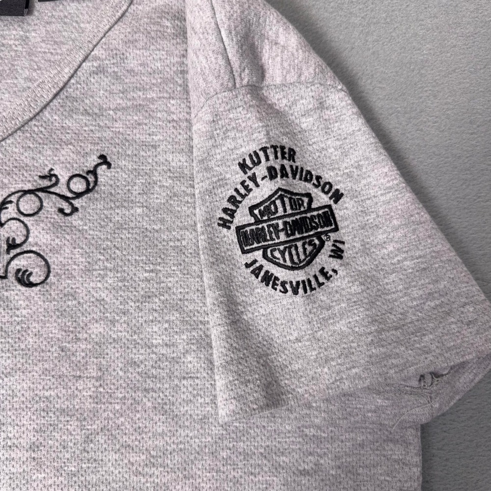 Harley-Davidson Womens V-Neck Embroidered Bar Shield Logo T-Shirt‎ Gray M USA - Picture 6 of 8
